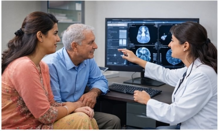 Doctor explaining PET-CT scan results to patient and caregiver at Fortis Memorial Research Institute, Gurugram